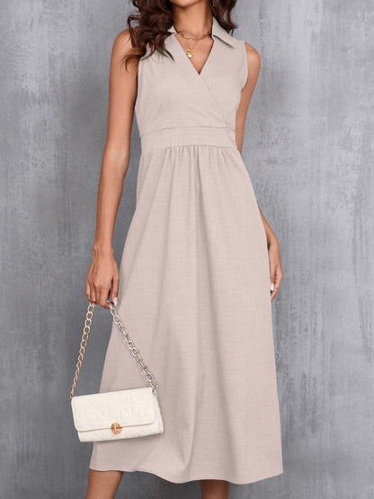 Ruched Sleeveless Midi Dress.