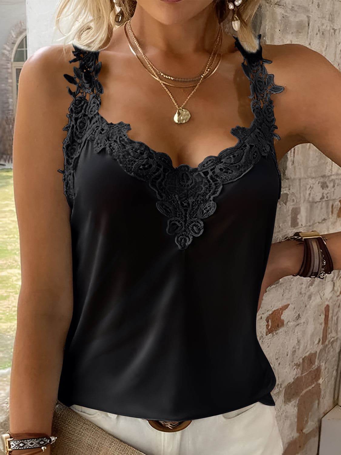 Full Size Lace Detail V-Neck Tank.