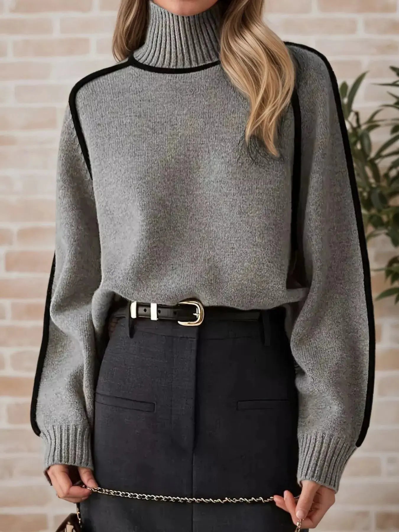 Cream Contrast Trim Turtleneck Sweater With Black Piping Simply Love