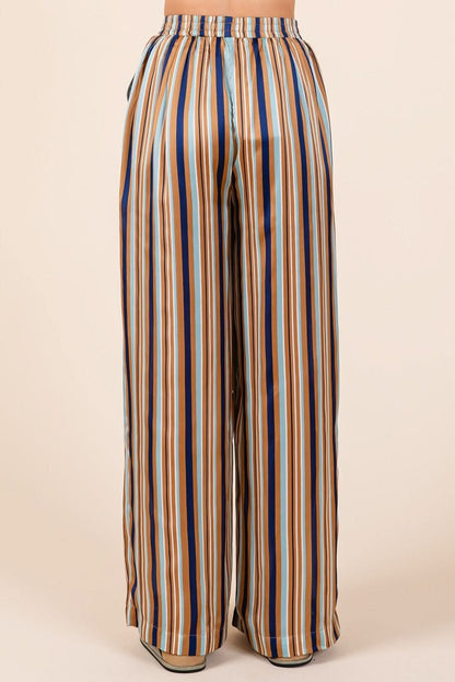 Chic Striped Satin Wide Leg Pants with Elastic Waist and Pockets