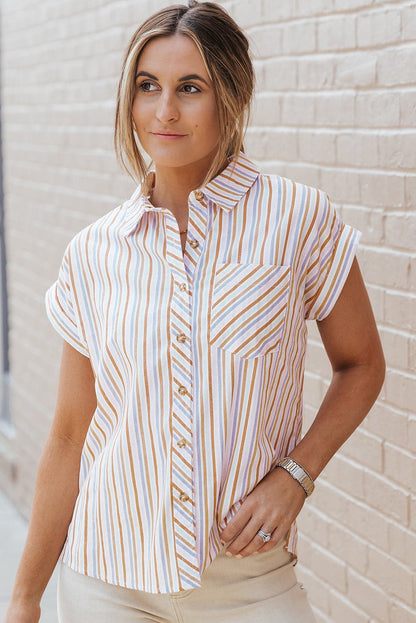 Pocketed Striped Collared Neck Short Sleeve Shirt.