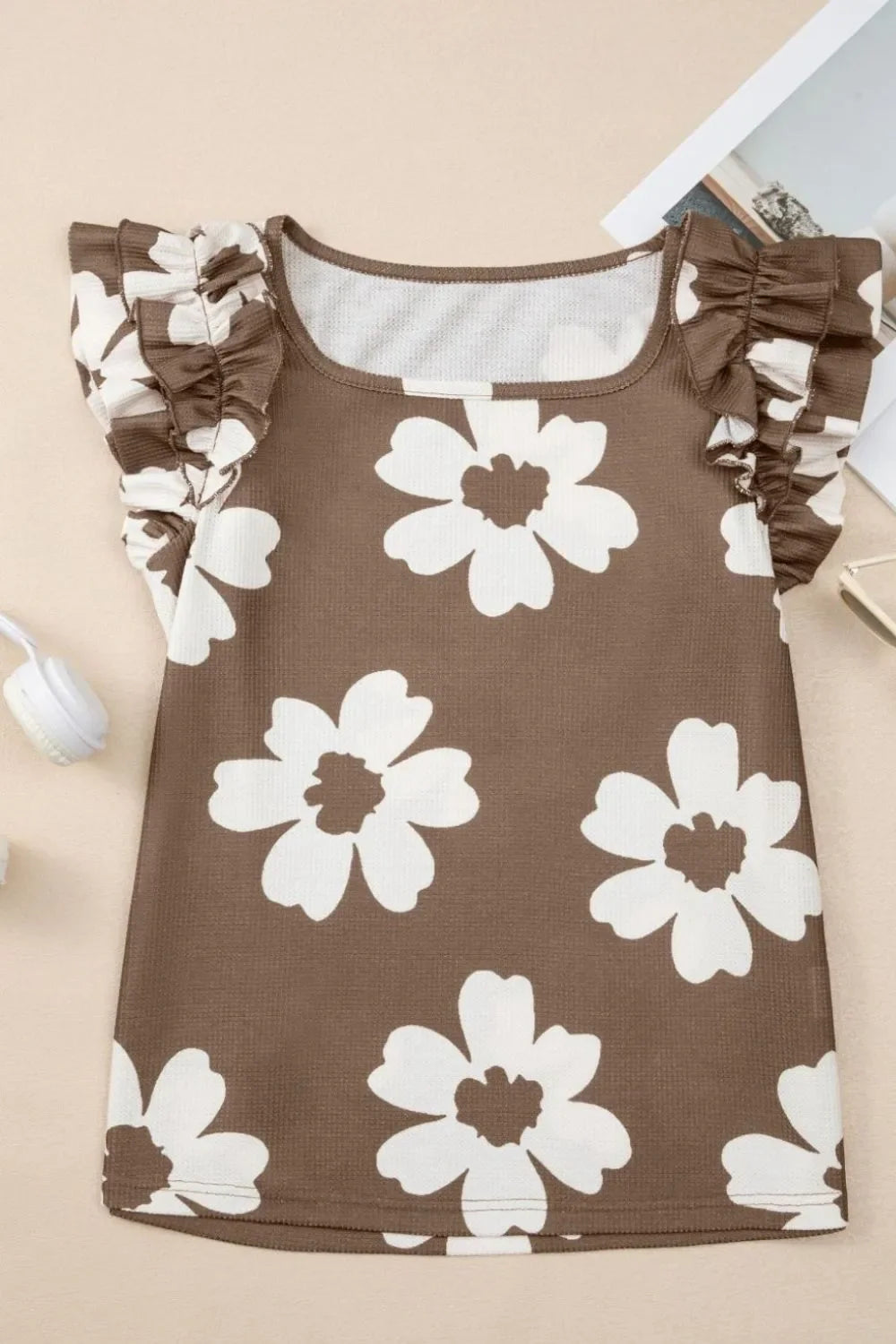 Floral Textured Ruffled Cap Sleeve Blouse
