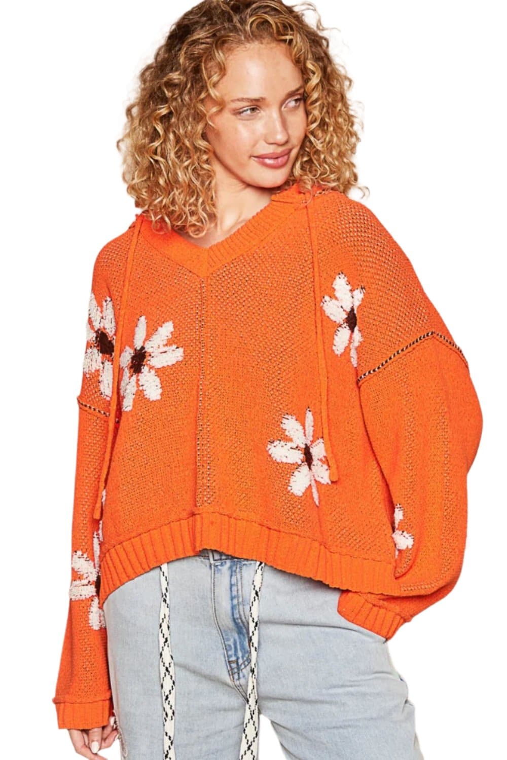 Floral-Embellished Hooded High-Low Knit Sweater