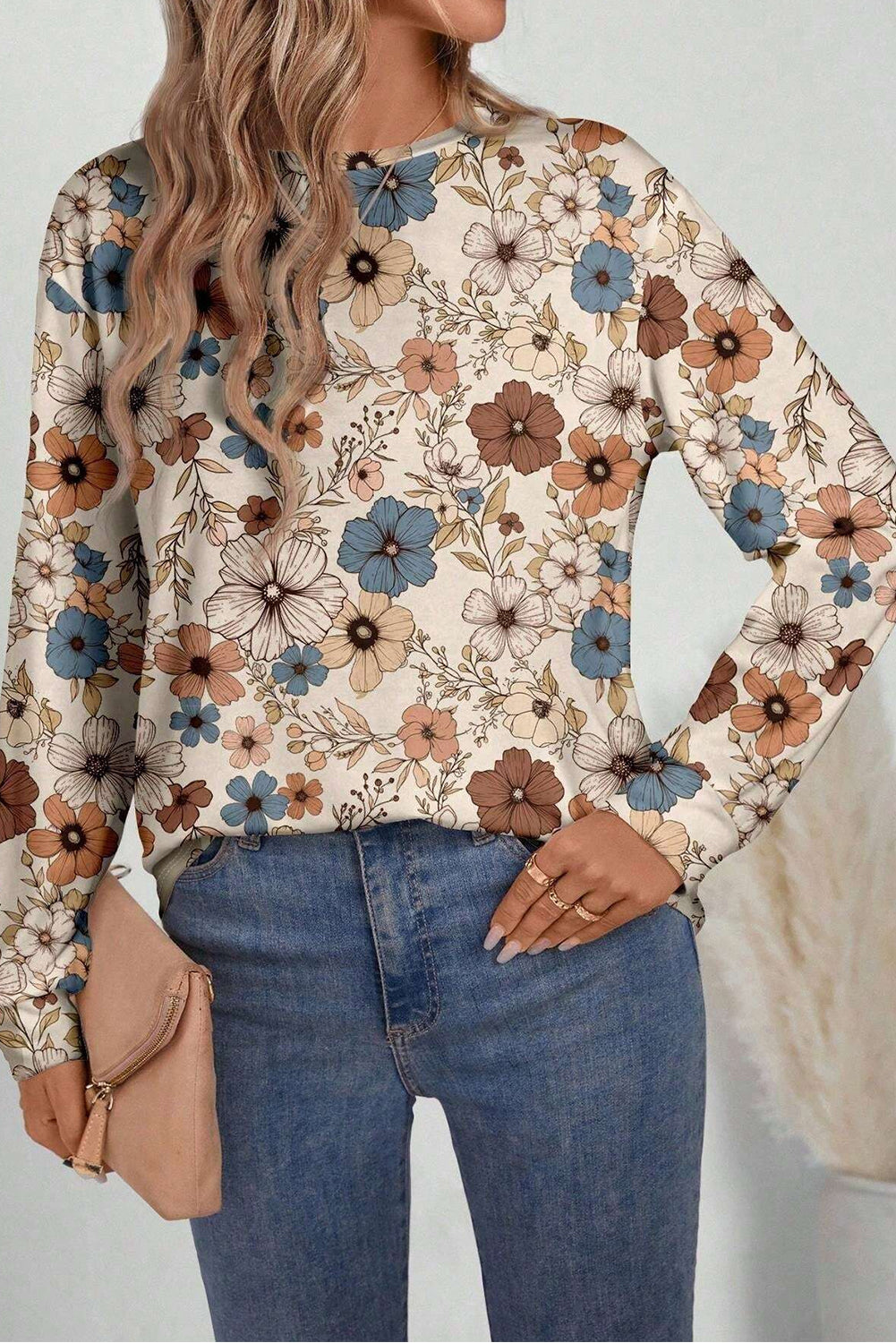 Khaki Floral Print Loose Crew Neck Long Sleeve T Shirt Fashion