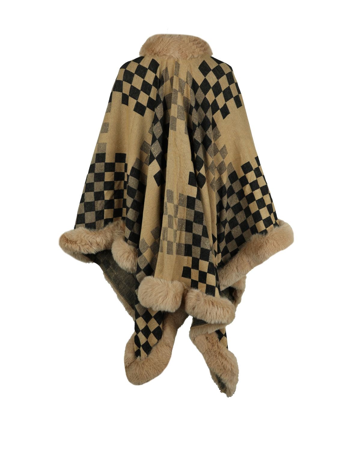 Checkered Faux Fur Trim Poncho.