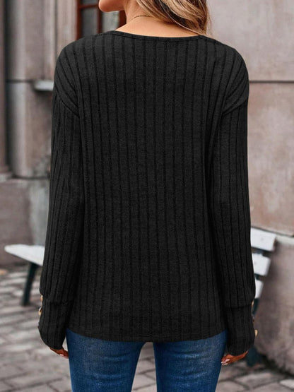 Ribbed V-Neck Long Sleeve T-Shirt.