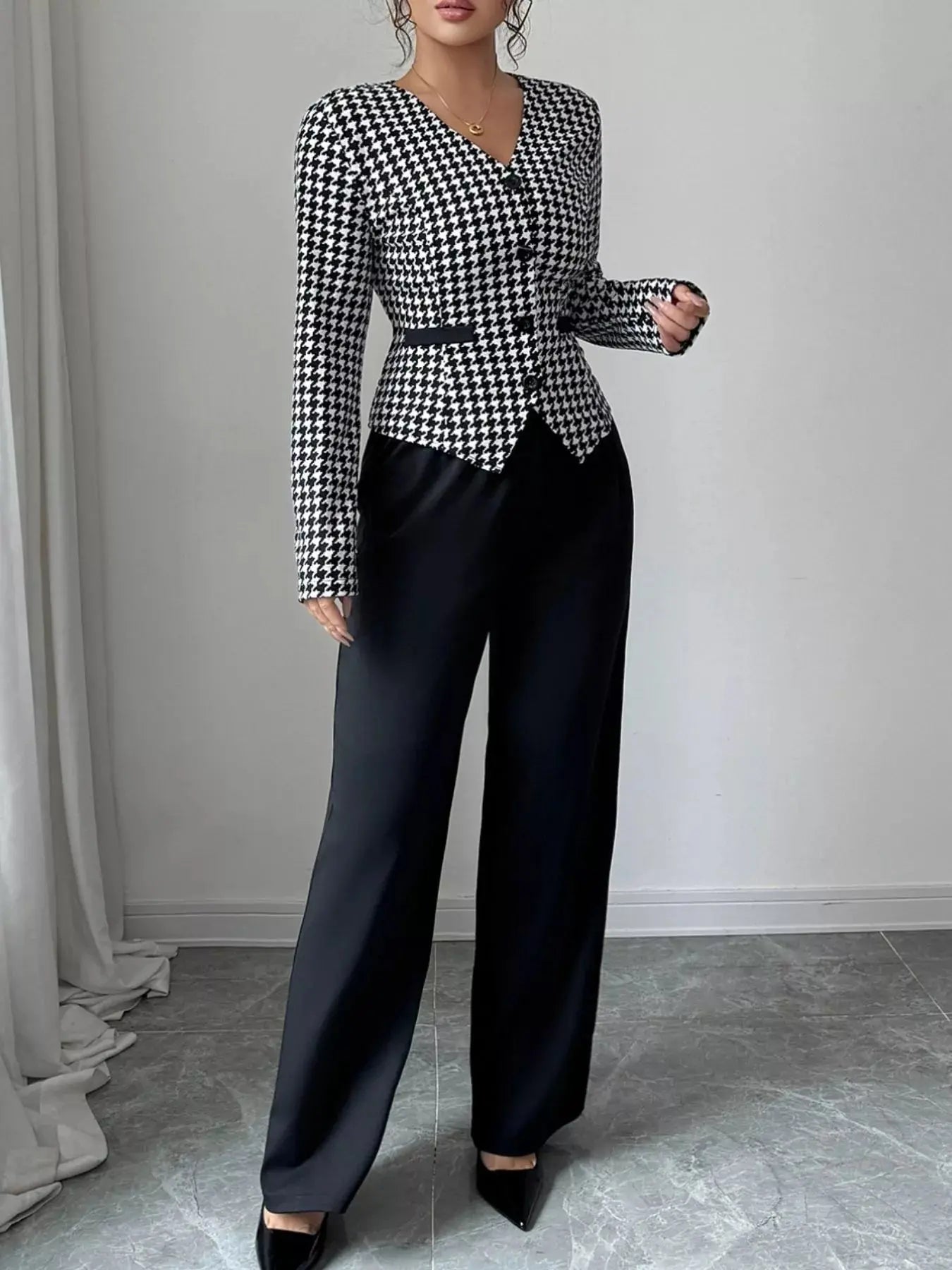 Houndstooth Blazer & Wide Leg Pants Set Simply Love