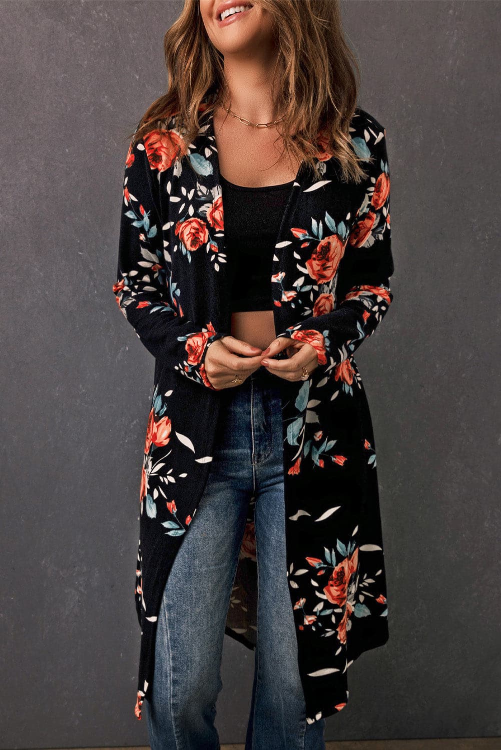 Double Take Printed Open Front Longline Cardigan.