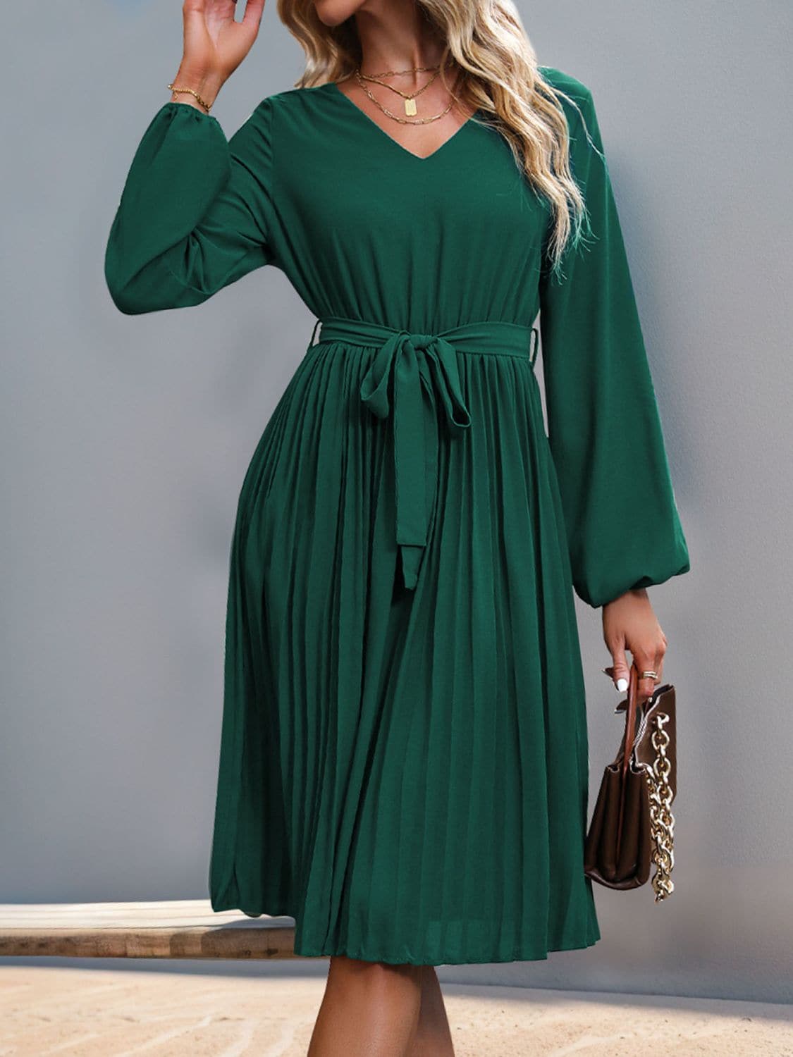 Lace V-Neck Long Sleeve Pleated Dress.