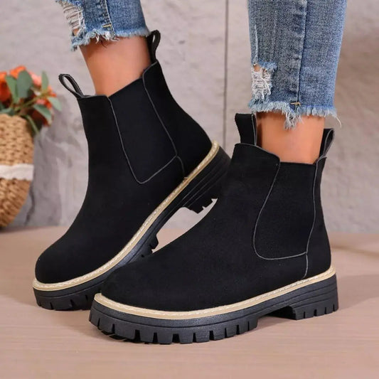 Black Round Toe Platform Chelsea Boots Mid Heel With Chunky Lug Sole Simply Love