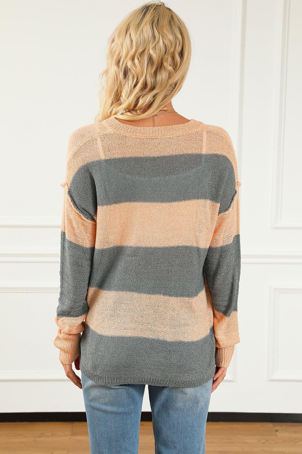 Striped Buttoned Dropped Shoulder Slit Sweater.