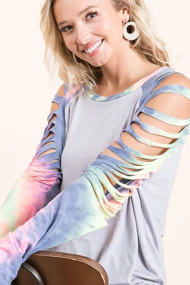 BiBi Jersey Knit Top with Tie Dye Laser Cut Sleeves - Love Salve 
