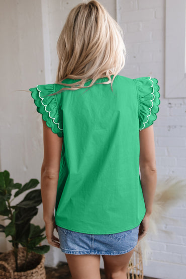 Bright Green Contrast Scallop Trim Layered Short Sleeve Blouse