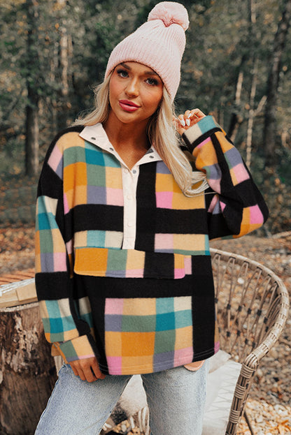 Chic black plaid pocketed half-button sweatshirt with collar