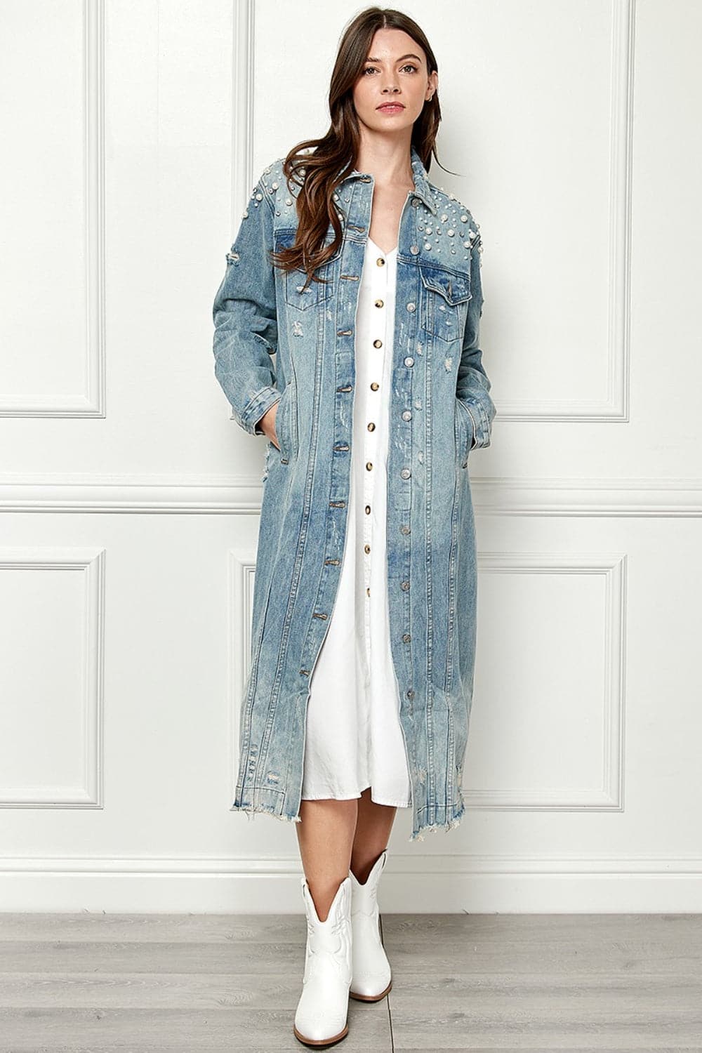 Veveret Full Size Distressed Raw Hem Pearl Detail Button Up Jacket.