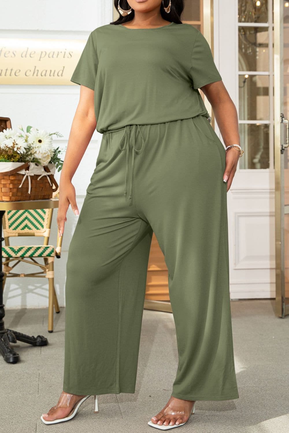 Plus Size Drawstring Waist Short Sleeve Jumpsuit.