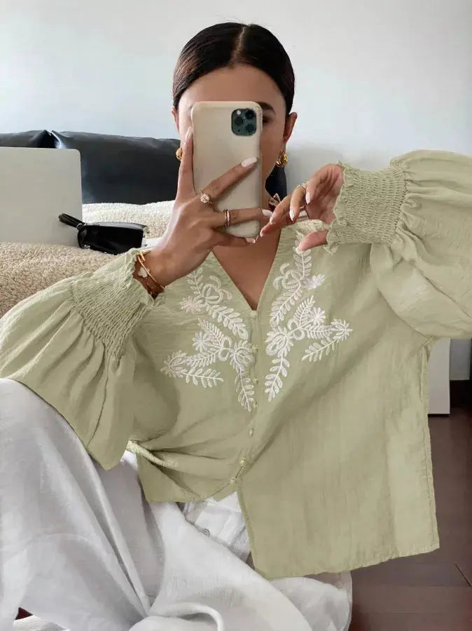 Embroidered Notched Long Sleeve Blouse Simply Love