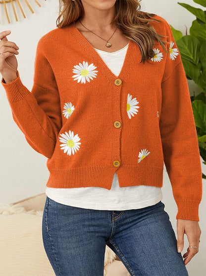 Flower Button Front Dropped Shoulder Cardigan.