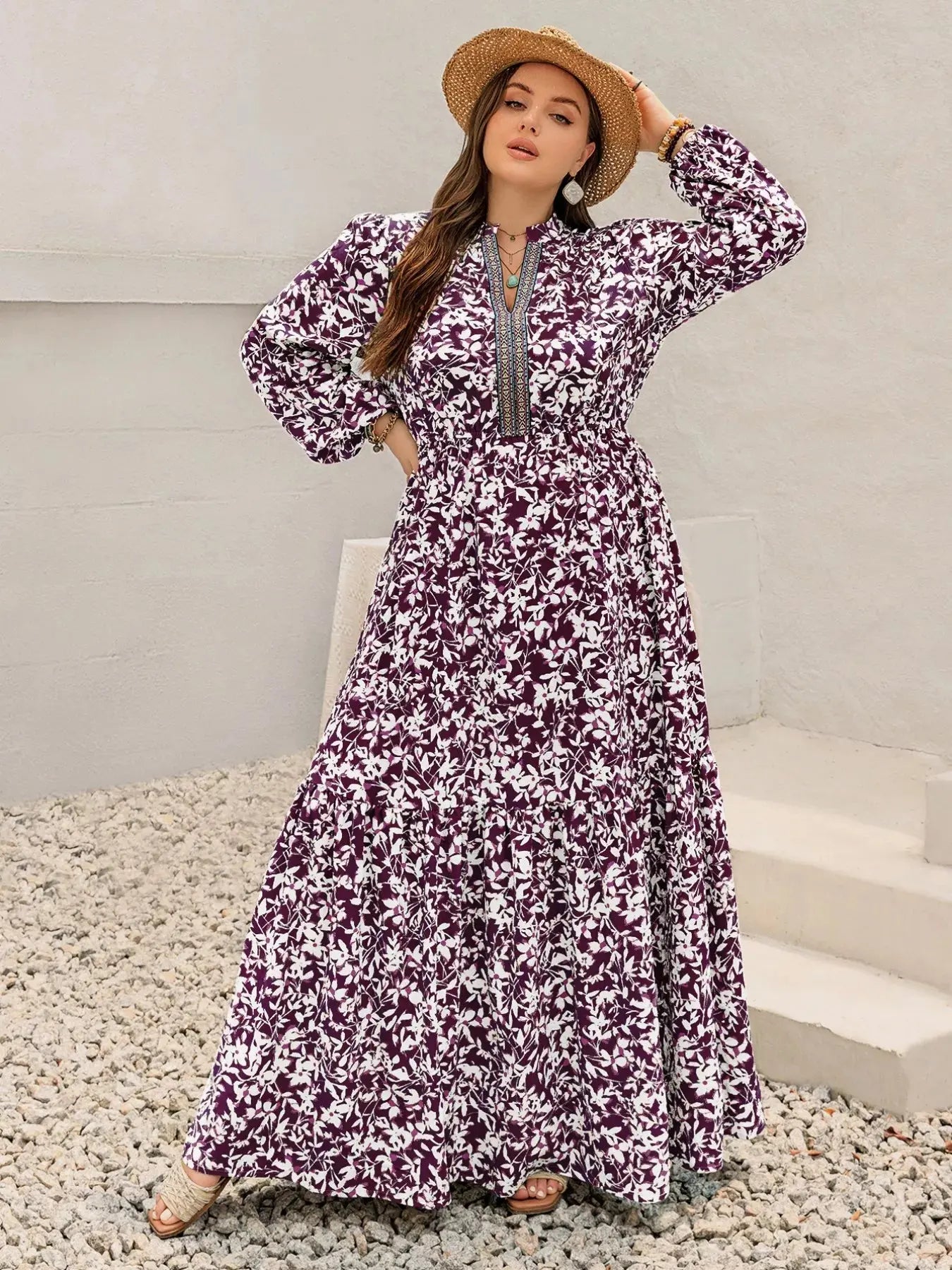 Plus Size Floral Print Maxi Dress with Long Sleeves Simply Love