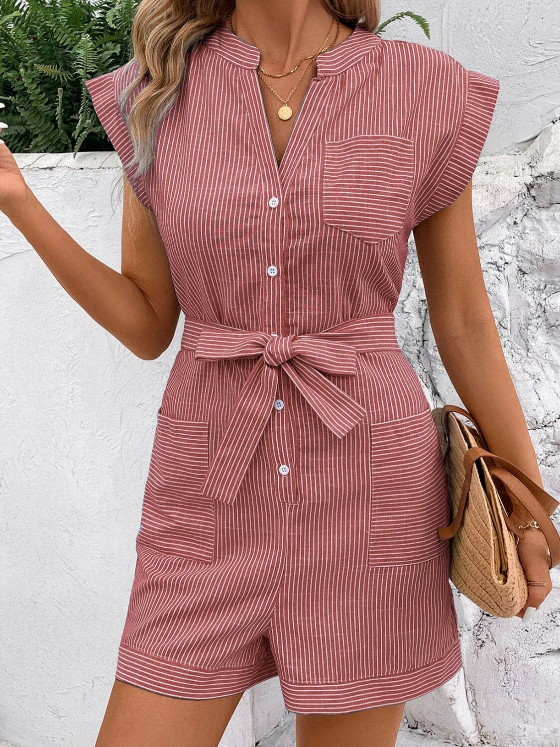 Striped Notched Tie Waist Romper.