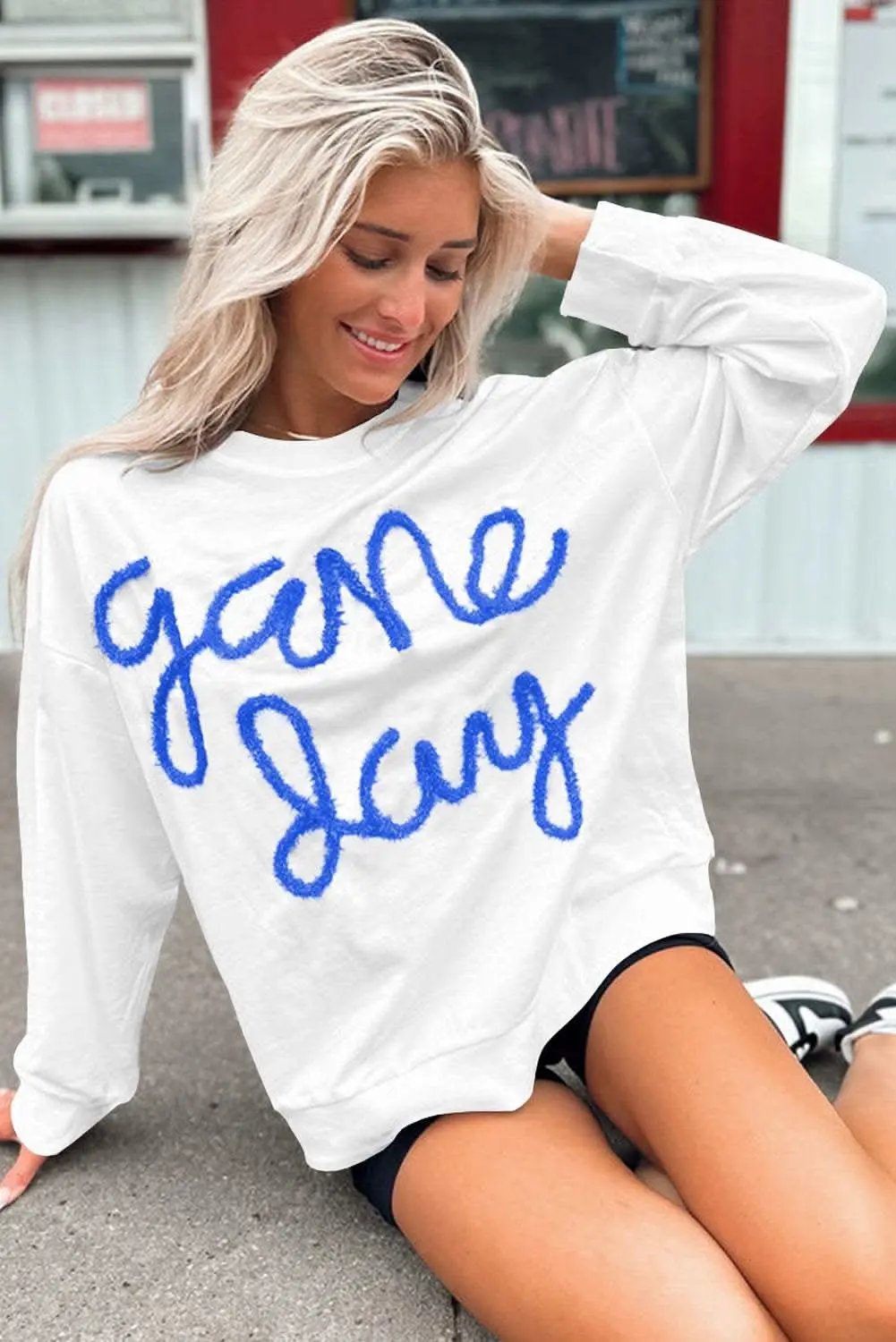 Gameday vibes white tinsel sweatshirt - Love Salve 
