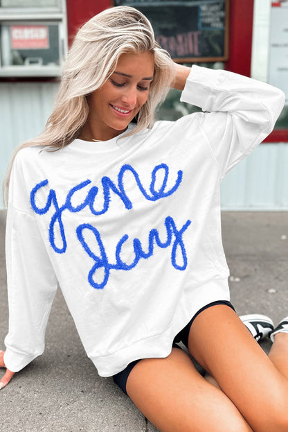 Gameday vibes white tinsel graphic sweatshirt with drop shoulder design