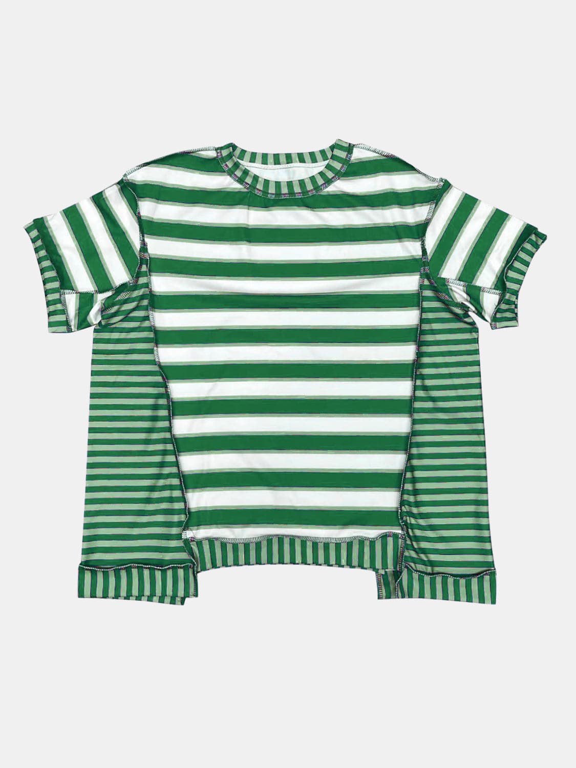 Full Size Contrast Stitching Striped Round Neck T-Shirt.