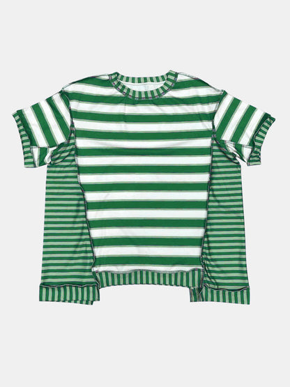 Full Size Contrast Stitching Striped Round Neck T-Shirt.