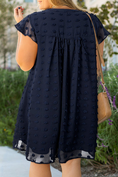 Navy Blue Dotty Textured Notched Neck Plus Ruffled Dress