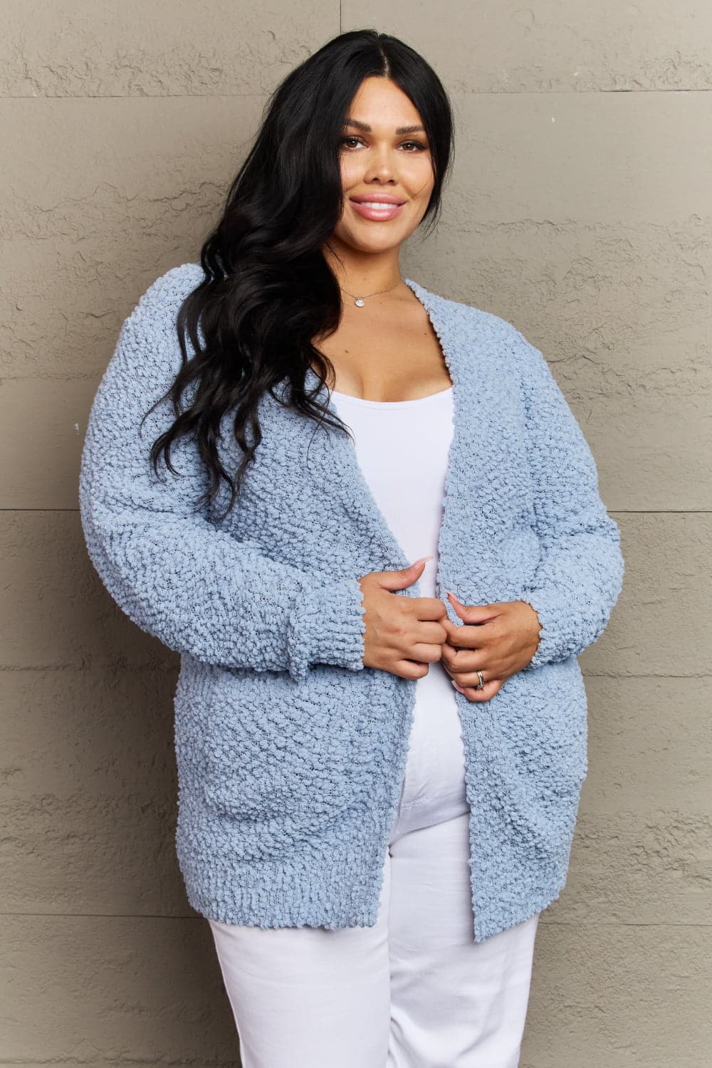 Zenana Falling For You Full Size Open Front Popcorn Cardigan.