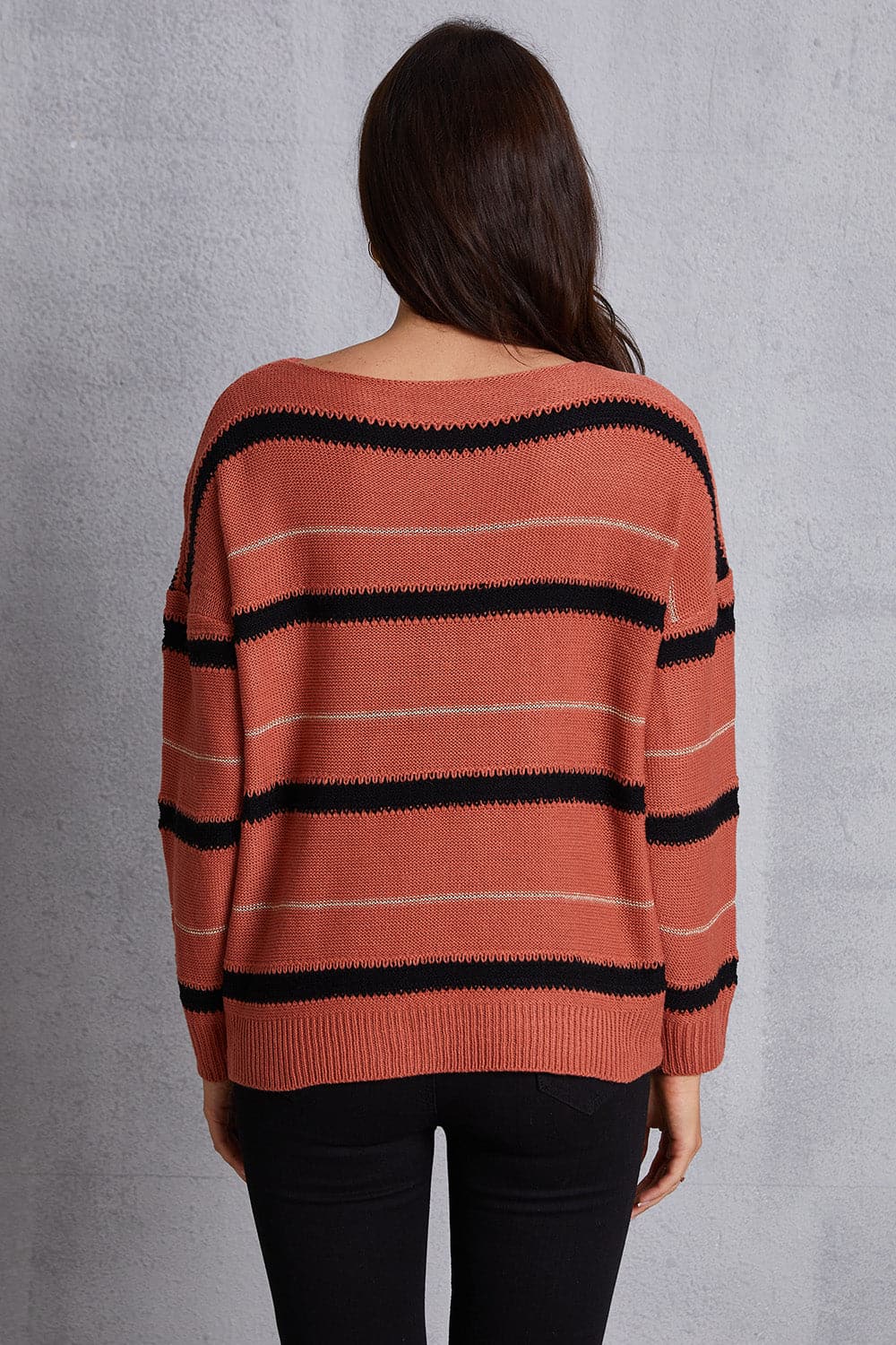 Striped Round Neck Dropped Shoulder Sweater.