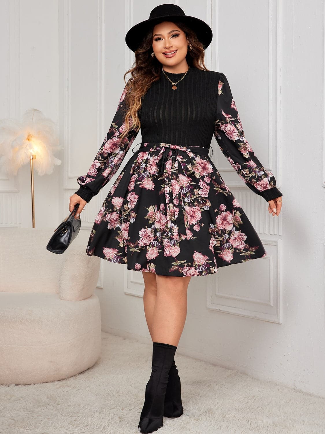 Plus Size Tied Printed Long Sleeve Dress.