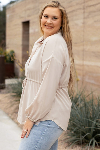 Chic beige puff sleeve tunic shirt for plus sizes