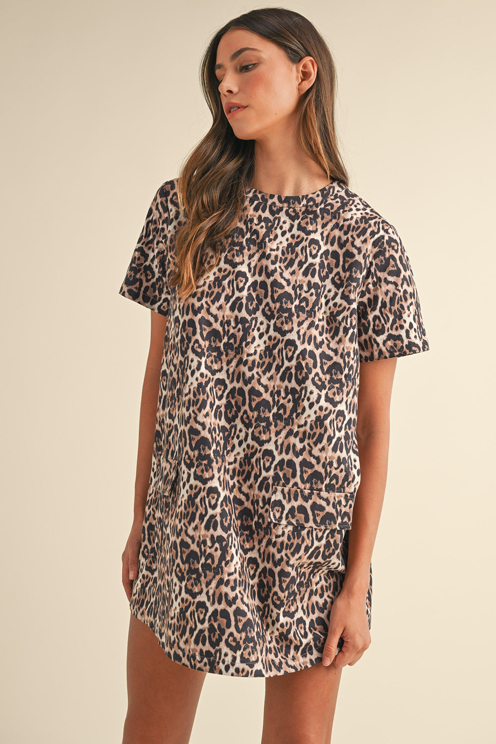 Chic Brown Leopard Print Shift Mini T-Shirt Dress with Crew Neck