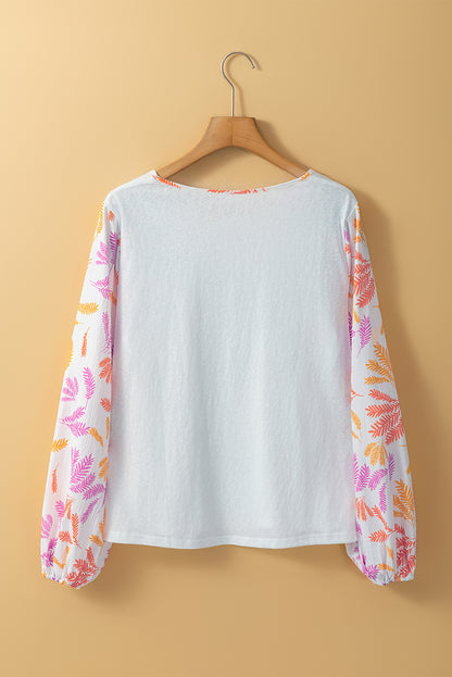 Tropical leaf patchwork sleeve round neck top in white