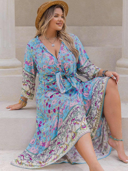 Plus Size Printed Tie Neck Top and Skirt Set.