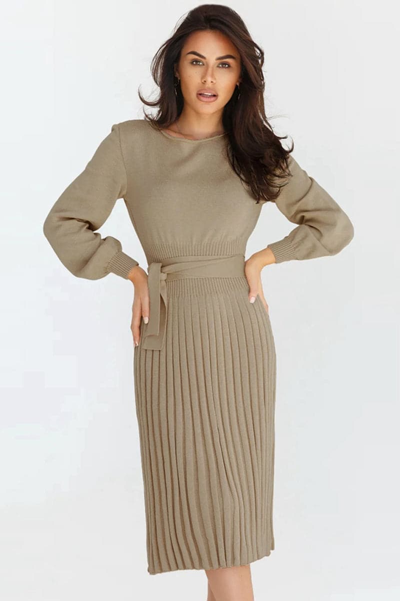 Round Neck Long Sleeve Pleated Sweater Dress.