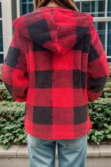 Double Take Full Size Plaid Long Sleeve Hooded Coat.