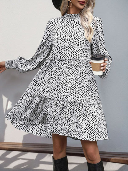 Frill Printed Mock Neck Long Sleeve Mini Dress.