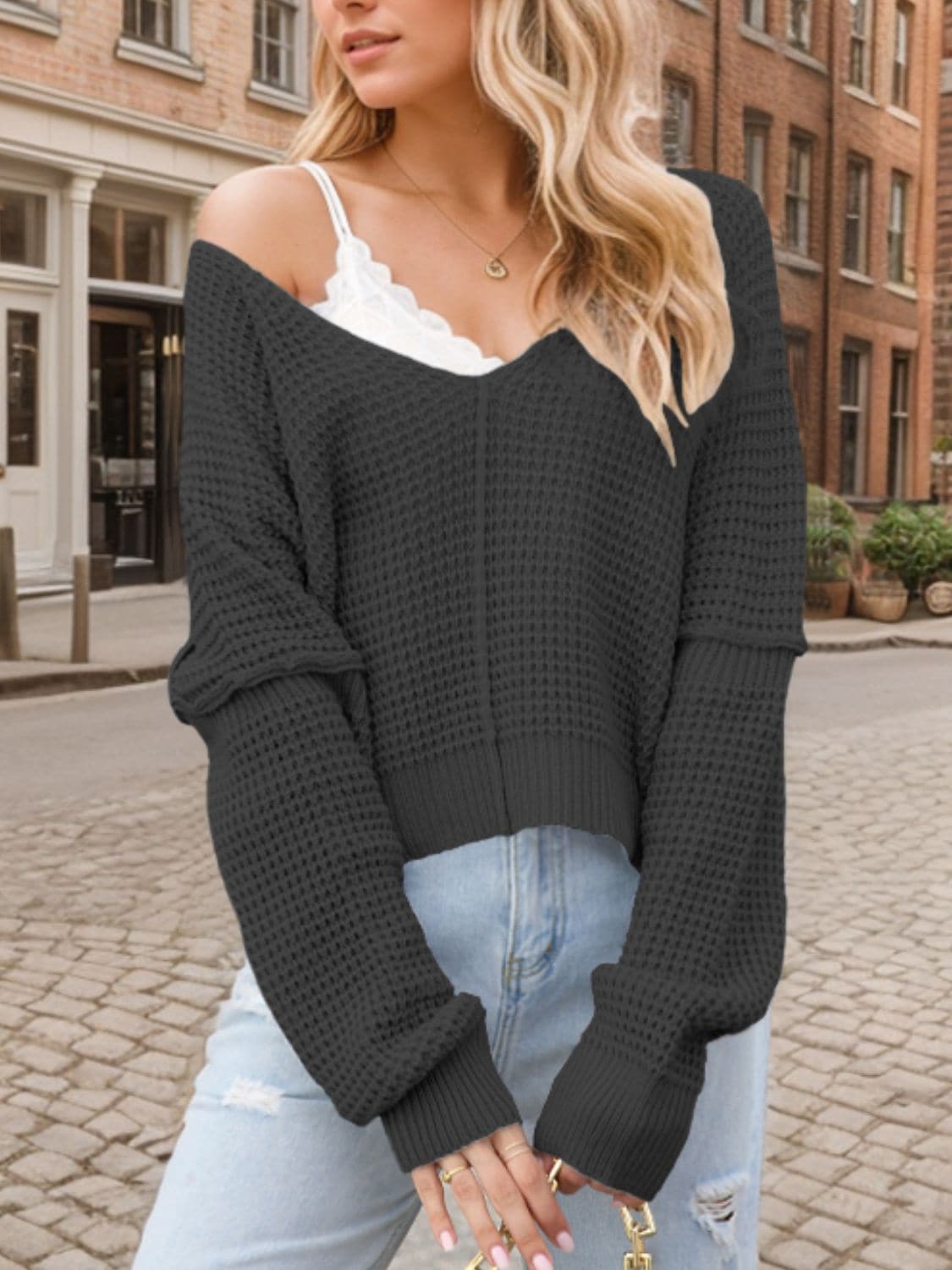 Chic V-neck long sleeve knit sweater