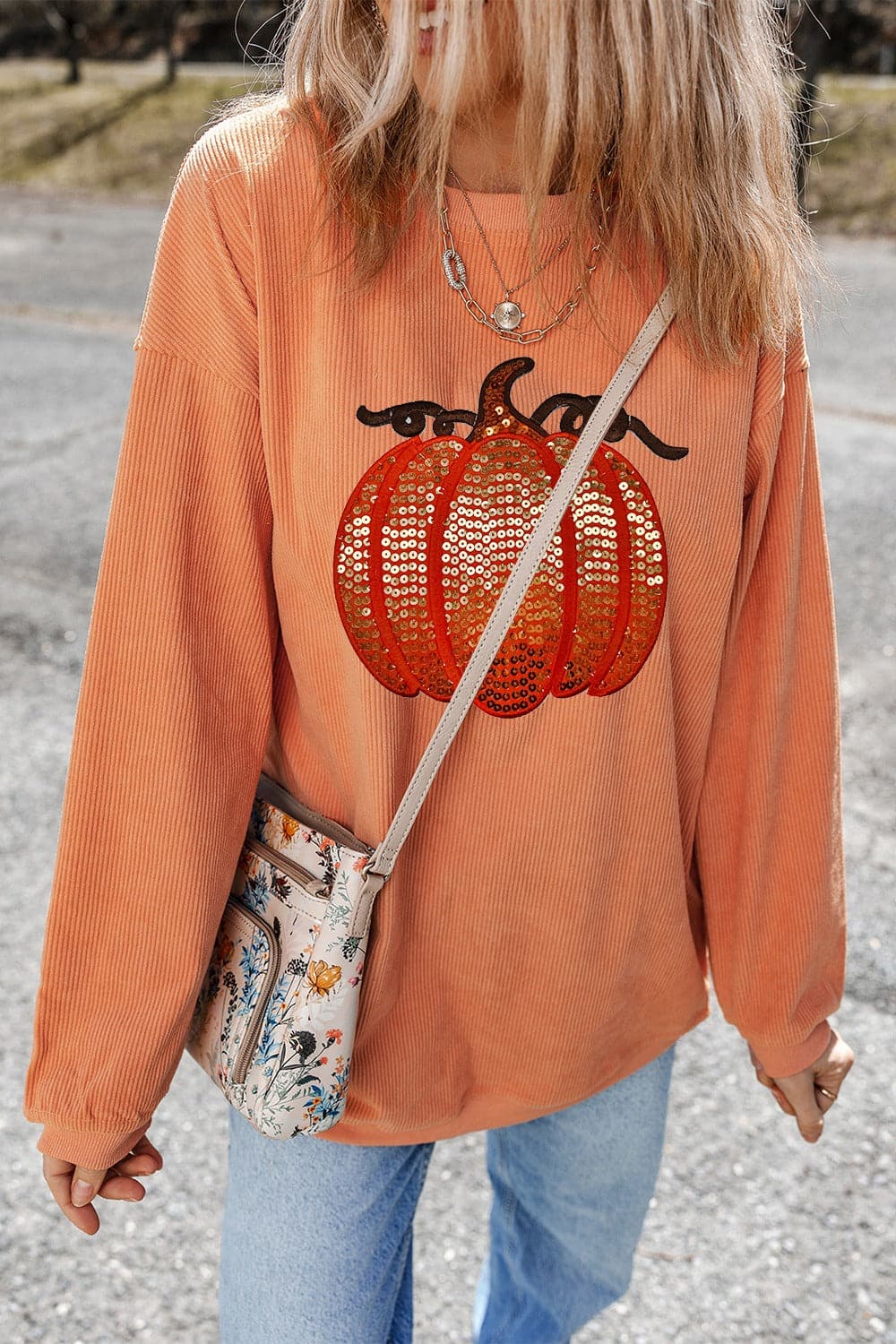 Sequin Pumpkin Round Neck Long Sleeve Sweatshirt.