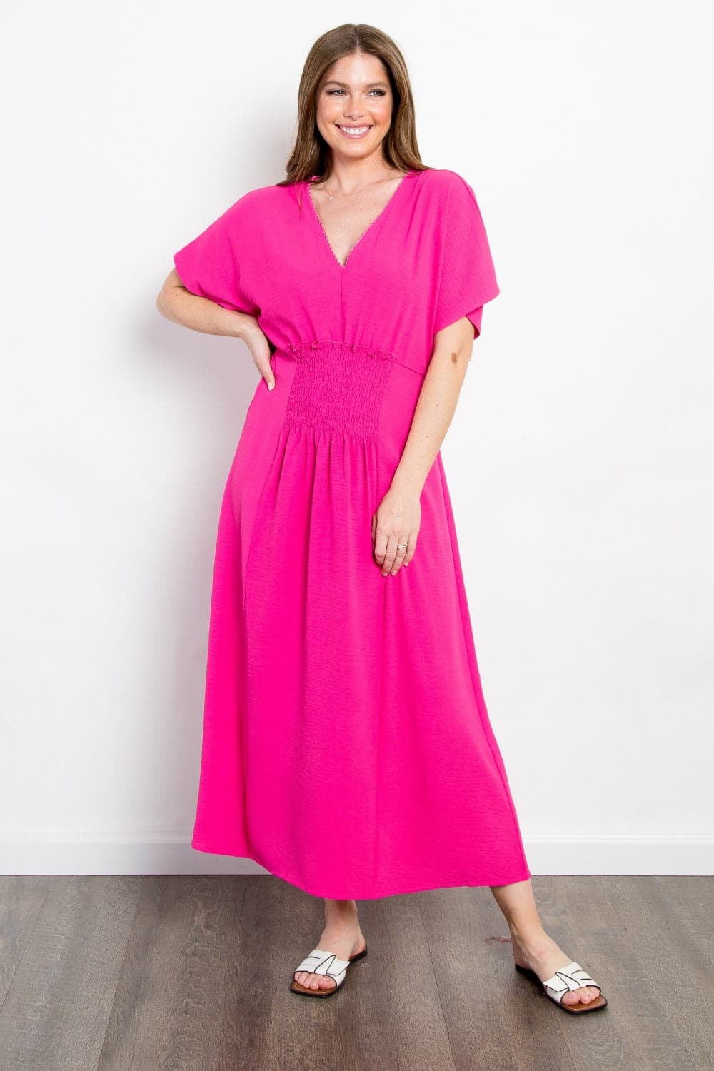 Be Stage Full Size Shirred Front Short Sleeve Maxi Dress.