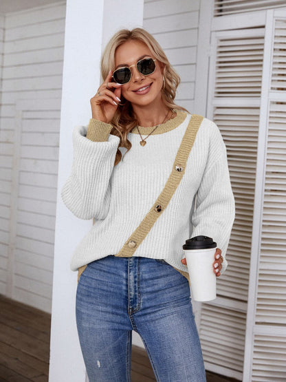 Decorative Button Round Neck Sweater.