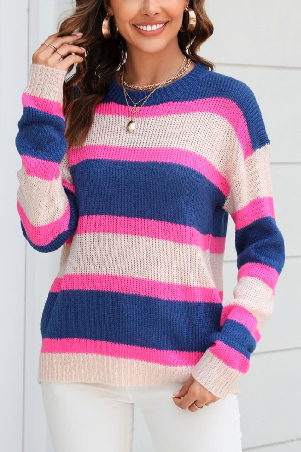 Color Block Round Neck Dropped Shoulder Sweater.