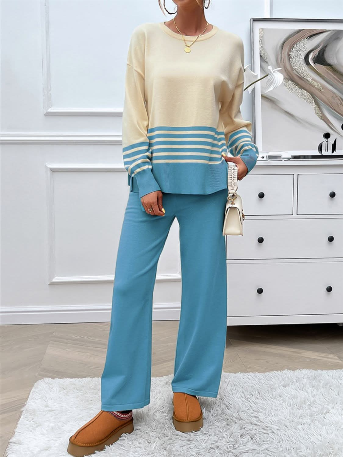 Chic striped sweater set with slit detail and round neck