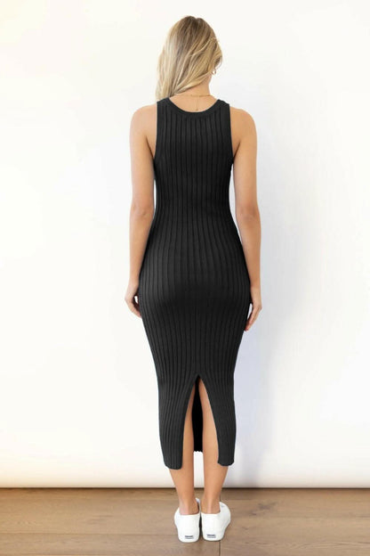 Slit Ribbed Round Neck Sleeveless Dress.