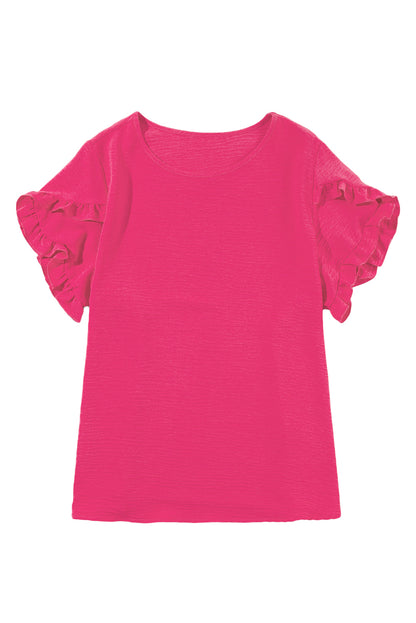 Playful pink ruffled short sleeve top for plus sizes