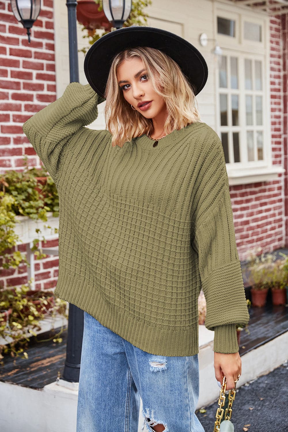 Ribbed Drop Shoulder Lantern Sleeve Sweater.