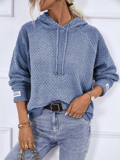 Texture Drawstring Long Sleeve Hooded Sweater.