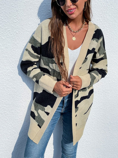 Camouflaged Dropped Shoulder Open Front Cardigan.